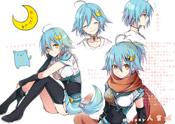  ahoge aqua_hair armor commentary_request female hair_ornament hitoyoshi_jou multiple_views ocha_(hutuumikan) photoshop_(medium) scarf shirohime_quest skirt smile thighhighs translation_request yellow_eyes 