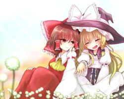  2girls ^_^ ascot back-to-back blonde_hair blush bow braid breasts brown_eyes brown_hair closed_eyes collared_shirt commentary couple dandelion detached_sleeves dress flower hair_tubes hairbow hakurei_reimu happy hat ii_fuufu_no_hi jewelry juliet_sleeves kirisame_marisa large_bow long_skirt long_sleeves medium_breasts mochi547 multiple_girls puffy_sleeves ring shared_hat shirt side-by-side side_braid single_braid sitting skirt smile touhou wedding_ring wide_sleeves wife_and_wife yellow_ascot yuri 