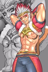  1boy abs belt circlet eyeliner eyeshadow fur_trim makeup male_focus monkey_tail multicolored_hair musou_orochi nipples oerba_yun_fang pants red_hair solo sun_wukong_(musou_orochi) tattoo tokisige two-tone_hair white_hair yellow_eyes 