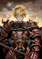  1boy armor blonde_hair broken_mask brown_eyes cloud cloudy_sky commentary_request gawain_(granblue_fantasy) gloves granblue_fantasy kaoni male_focus mask one_eye_covered short_hair sky solo upper_body 