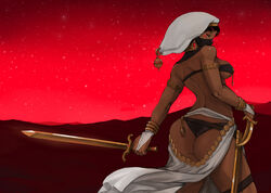  ass back black_hair breasts dark_skin earrings face_mask female from_behind gold jewelry lots_of_jewelry madarame mask original red_background red_eyes sand sideboob simple_background solo standing sword underwear weapon 