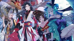  2boys 2girls aoandon bare_shoulders black_hair black_sclera blue_eyes blue_kimono blue_lips blunt_bangs breasts cleavage colored_sclera commentary_request crossed_legs dragon dragon_horns earrings floral_print flower full_moon hair_flower hair_ornament horns ichimoku_ren_(onmyoji) japanese_clothes jewelry kimono kota_uro long_hair looking_at_another medium_breasts miniskirt moon multiple_boys multiple_girls nail_polish obi off_shoulder onmyoji open_mouth parted_bangs pleated_skirt ponytail red_eyes red_nails sash short_eyebrows skirt susabi_(onmyoji) very_long_hair white_hair youtou_hime_(onmyoji) 