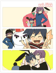  2boys 3boys black_hair hat lolicon male male_focus multiple_boys pokemon pokemon_(anime) ponytail purple_hair reiji_(pokemon) satoshi_(pokemon) scarf shinji_(pokemon) smile snowman 