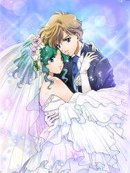  2girls alternate_hairstyle androgynous aqua_hair bare_shoulders bishoujo_senshi_sailor_moon blonde_hair blue_eyes bridal_veil bride commentary_request couple crossdressing dress flower formal gloves groom hair_flower hair_ornament kaiou_michiru looking_at_viewer mizuki_mario multiple_girls necktie pant_suit pants parted_lips photoshop_(medium) reverse_trap rose short_hair sparkle strapless strapless_dress suit ten&#039;ou_haruka veil very_short_hair wedding wedding_dress white_dress white_gloves wife_and_wife yuri 