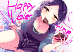  apron biting black_hair box box_of_chocolates breasts chocolate cleavage collarbone commentary_request female flower happy_valentine hayami_kanade heart-shaped_box idolmaster idolmaster_cinderella_girls jewelry lace large_breasts light_smile looking_at_viewer mouth_hold necklace parted_bangs pendant ribbon short_hair smile solo valentine wemu_(ivycrown) yellow_eyes 