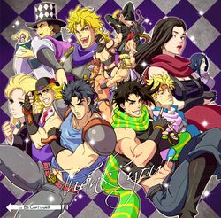  2girls 6+boys argyle_background battle_tendency birthmark boots caesar_anthonio_zeppeli commentary_request cyborg dio_brando ear_birthmark erina_pendleton esidisi everyone hat jojo_no_kimyou_na_bouken jonathan_joestar joseph_joestar joseph_joestar_(young) kars_(jojo) konpane_(ohj) light_particles lisa_lisa multiple_boys multiple_girls muscular official_style phantom_blood robert_e._o._speedwagon rudolph_von_stroheim santana_(jojo) scarf straizo top_hat wamuu will_anthonio_zeppeli 