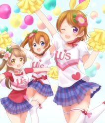  3girls :d ;d arm_up arms_up bad_id bad_pixiv_id blue_eyes blue_skirt blush brown_hair cheering cheerleader cowboy_shot flower group_name hair_flower hair_ornament happy_maker! heart koizumi_hanayo kosaka_honoka love_live! love_live!_school_idol_project minami_kotori mippii108 multiple_girls one_eye_closed one_side_up open_mouth orange_hair outstretched_arms petticoat plaid plaid_skirt pleated_skirt pom_pom_(cheerleading) printemps_(love_live!) purple_eyes round_teeth shirt skirt slip_showing smile teeth white_shirt yellow_eyes 