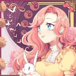  angel_bunny animal blue_eyes breasts chinese_commentary commentary earrings female fluttershy_(mlp) jewelry long_hair looking_away medium_breasts my_little_pony my_little_pony:_friendship_is_magic nail_polish personification pink_hair rabbit siam_(meow13) smile solo 