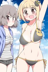  2girls :d arm_up armpits bad_id bad_pixiv_id bikini black_bikini blonde_hair blue_sky blush breasts cleavage cloud day grey_hair hair_ornament large_breasts looking_at_viewer multiple_girls navel open_mouth outdoors pink_eyes rabbit_hair_ornament saegusa_yuna serebi_ryousangata short_hair side-tie_bikini_bottom sky smile string_bikini striped swimsuit usami_mimi_(uzanee!!) uzanee!! 