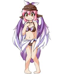  animal_ears bad_feet barefoot bikini bikini_skirt bird_wings brown_bikini brown_eyes commentary_request earrings female fun_bo hat jewelry marisa_to_alice_no_cookie_storia mystia_lorelei navel pink_hair sarong single_earring solo swimsuit touhou wavy_mouth wings 