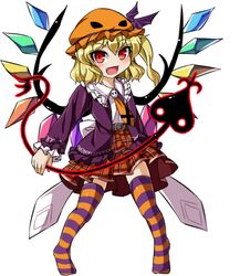  alternate_costume belt blonde_hair commentary_request female flandre_scarlet fun_bo hat hat_ribbon jacket laevatein_(touhou) long_sleeves marisa_to_alice_no_cookie_storia mob_cap necktie oerba_yun_fang open_clothes open_jacket open_mouth red_eyes ribbon sash shirt skirt skull smile solo striped_clothes striped_thighhighs thighhighs touhou wings zettai_ryouiki 