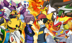  2boys aggron black_hair buizel drapion electivire fingerless_gloves froslass gastrodon gliscor gloves hat highres infernape lolicon male male_focus multiple_boys pikachu pokemon pokemon_(anime) purple_hair satoshi_(pokemon) shedinja shinji_(pokemon) smile staraptor torterra 