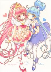  2girls aino_megumi bad_id bad_pixiv_id ballerina bare_shoulders blue_eyes blue_hair blue_skirt brooch character_name collaboration commentary_request cure_lovely cure_princess cure_princess_(sherbet_ballet) earrings flower full_body hair_bun happinesscharge_precure! heart heart_brooch heart_hair_bun high_ponytail highres jewelry long_hair magical_girl multiple_girls neckerchief one_eye_closed outfit_connection pantyhose pink_eyes pink_hair pink_skirt ponytail precure shirayuki_hime shoes single_hair_bun skirt smile super_happiness_lovely uzuki_aki watayuki white_background white_legwear wide_ponytail wing_brooch wing_earrings 