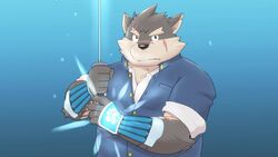  16:9 5_fingers anthro armor asian_sword black_nose blue_background bracers canid canine canis claws clothed clothing domestic_dog fingers front_view fur grey_body grey_fur holding_melee_weapon holding_object holding_sword holding_weapon iwano kemono lifewonders male mammal melee_weapon moritaka_(tas) rolled_up_sleeves scar shirt simple_background solo sword tokyo_afterschool_summoners topwear weapon widescreen 