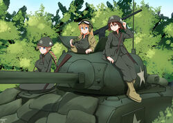  3girls artist_name bad_id bad_pixiv_id charlotte_e._yeager club_(shape) combat_helmet dated day forest helmet highres lynette_bishop m1_helmet m4_sherman medium_tank military military_uniform military_vehicle miyafuji_yoshika motor_vehicle multiple_girls nature signature stormcow strike_witches tank tree uniform world_war_ii world_witches_series 