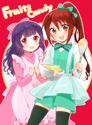  2girls :d apron batter blush bow brown_eyes brown_hair cardcaptor_sakura clenched_hands commentary_request cosplay daidouji_tomoyo daidouji_tomoyo_(cosplay) english_text fruits_candy ginga_e_kickoff!! hairbow kinomoto_sakura kinomoto_sakura_(cosplay) mixing_bowl multiple_girls nuka_(nukamochi) open_mouth parody ponytail purple_hair red_eyes saionji_reika_(ginga_e_kickoff!!) smile song_name takatoo_erika thighhighs turtleneck whisk 