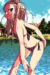  :o bandeau bikini blush brown_eyes brown_hair commentary female flat_chest hairband kounosu_satori long_hair navel original outdoors side-tie_bikini_bottom solo swimsuit wet 