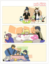  black_hair blue_hair brown_hair buneary cup dawn_(pokemon) green_hair hat japanese_clothes jun_(pokemon) kimono lolicon male male_focus multiple_boys n_(pokemon) nintendo_ds oshawott pikachu pillow piplup pokemon pokemon_(anime) pokemon_(game) pokemon_bw purple_hair satoshi_(pokemon) scarf shinji_(pokemon) takeshi_(pokemon) touko_(pokemon) 