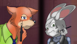  anthro blpanda blue_eyes body_writing brush bulletproof_vest canid canine clothing disney duo fox fur green_eyes grey_body grey_fur hi_res holding_object japanese_text judy_hopps lagomorph leporid long_ears male mammal necktie nick_wilde orange_body orange_fur paintbrush parody rabbit red_fox shirt simple_background text topwear translated true_fox writing_on_face writing_text your_name zootopia 