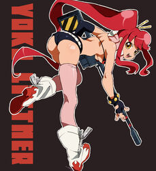  anti-materiel_rifle ass bikini bikini_top_only black_shorts boots breasts commentary_request corn_potako female fingerless_gloves from_behind full_body gloves gun long_hair looking_back medium_breasts micro_shorts no_shirt pink_thighhighs ponytail red_hair rifle scarf shorts smile sniper_rifle solo swimsuit tengen_toppa_gurren_lagann thighhighs underboob weapon wedgie yellow_eyes yoko_littner 