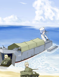  3girls animal_ears beach caterpillar_tracks commentary_request dixie_cup_hat gun hat highres hu_sea landing_craft long_hair m3_stuart m4_sherman mecha_musume medium_tank military military_hat military_vehicle motor_vehicle multiple_girls ocean original personification photoshop_(medium) sailor ship short_hair tank vehicle_and_personification watercraft weapon world_war_ii 