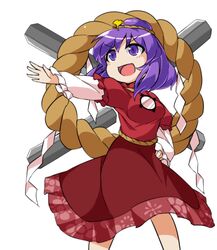  commentary_request female fun_bo hair_ornament hand_on_own_hip layered_sleeves long_skirt long_sleeves marisa_to_alice_no_cookie_storia mirror open_mouth outstretched_arm pillar purple_eyes purple_hair rope shimenawa short_over_long_sleeves short_sleeves skirt smile solo touhou x yasaka_kanako 