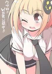  ;) bad_id bad_pixiv_id bent_over black_necktie black_skirt blonde_hair blush breasts brown_background character_name cleavage female hair_ornament medium_breasts necktie one_eye_closed open_mouth pink_eyes rabbit_hair_ornament serebi_ryousangata shirt short_hair simple_background skirt smile solo translated usami_mimi_(uzanee!!) uzanee!! 