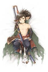  1boy brown_eyes brown_hair cape commentary_request dakimakura_(medium) fingerless_gloves fundoshi gloves granblue_fantasy harvin highres iha_tobu japanese_clothes katana long_hair male_focus male_underwear navel pectorals pointy_ears ponytail sandals sevilbarra sideburns solo sword teeth topless_male torn_clothes underwear undressing weapon white_male_underwear 