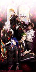  5boys acca_13-ku_kansatsu-ka artist_name bad_id bad_pixiv_id beard blonde_hair brown_hair commentary_request facial_hair feather_hair_ornament feathers female formal glasses green_hair grossular hair_ornament hat highres lilium_(acca) long_hair looking_at_viewer mauve_(acca) moustache multiple_boys outstretched_hand pasutisu photoshop_(medium) pine_(acca) purple_eyes salute seklutz sitting spade_(acca) suit uniform watermark web_address white_hair white_hat 