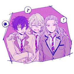  ! 3boys :d ^_^ albino bangs_pinned_back blazer blonde_hair blue_eyes blue_hair boy_sandwich canine closed_eyes commentary_request eighth_note ensemble_stars! group_hug hug jacket long_hair long_sleeves male_focus multiple_boys musical_note necktie open_mouth photoshop_(medium) ponytail ran_nagisa red_eyes reimei_school_uniform sandwiched sazanami_jun school_uniform short_hair shuetsu_school_uniform smile spoken_exclamation_mark spoken_musical_note spoken_squiggle squiggle tamakoo tomoe_hiyori wavy_hair white_hair yellow_eyes 