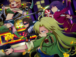  1boy annie_(saga_frontier) blonde_hair breasts brown_hair cleavage commentary_request em_crazy emilia_(saga_frontier) groin katana liza_(saga_frontier) long_hair multiple_girls purple_hair roufas saga saga_frontier short_hair sickle smile sword weapon 