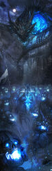  1boy armor arthas_menethil banner blue_theme breath_weapon breathing_ice choebab cloud dragon frostmourne full_moon glowing glowing_eyes glowing_mouth helmet highres lich_king moon night night_sky outdoors photoshop_(medium) sindragosa sky snowing undead warcraft winter world_of_warcraft zombie 