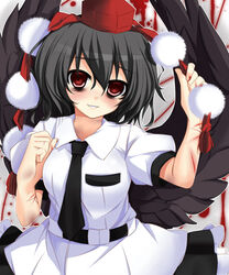  bad_id bad_pixiv_id bags_under_eyes black_hair black_wings blush cuts female hat injury looking_at_viewer nishimuku_meri red_eyes shameimaru_aya solo tokin_hat touhou wings yandere 