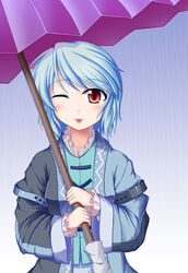  ;p blue_hair blush commentary_request cosplay female karakasa_obake morichika_rinnosuke morichika_rinnosuke_(cosplay) one_eye_closed painttool_sai_(medium) purple_umbrella rain red_eyes short_hair solo tatara_kogasa tongue tongue_out touhou tsukimi_(ryouiki_ridatsu) umbrella upper_body 