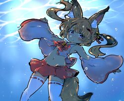  :/ air_bubble animal_ear_fluff animal_ears bare_shoulders bell blue_eyes blush bow bowtie bright_pupils bubble closed_mouth collarbone commentary_request crop_top detached_sleeves female floral_print fox_ears fox_tail frown groin hair_bell hair_between_eyes hair_ornament hair_ribbon hairclip highres jingle_bell kemomimi_oukoku_kokuei_housou legs_apart long_hair long_sleeves looking_at_viewer mikoko_(kemomimi_oukoku_kokuei_housou) miniskirt mochizuki_usagi navel orange_hair outstretched_arms pink_shirt pleated_skirt red_bow red_bowtie red_ribbon red_skirt ribbon ribbon-trimmed_legwear ribbon_trim shirt skirt sleeves_past_wrists solo stomach tail tareme thick_eyebrows thighhighs twintails underwater virtual_youtuber water white_pupils white_thighhighs wide_sleeves zettai_ryouiki 