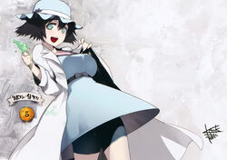  :d artist_name banana bike_shorts black_hair blue_dress blue_eyes blue_hat coat dress female food fruit gel_banana grey_background hat hat_ribbon highres holding lab_coat long_sleeves looking_at_viewer namaniku_atk no_pupils open_clothes open_coat open_mouth ribbon sash shiina_mayuri short_hair shorts_under_dress signature smile solo steins;gate 