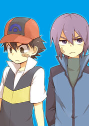  2boys annoyed black_hair hat lolicon lowres male male_focus multiple_boys pokemon pokemon_(anime) purple_hair satoshi_(pokemon) shinji_(pokemon) 