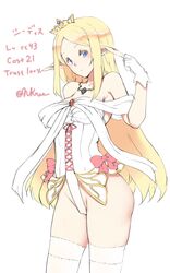  bare_shoulders blonde_hair blue_eyes blush bow breasts brooch character_name chydis_(sennen_sensou_aigis) commentary_request cowboy_shot cross-laced_clothes female from_side gem gloves groin hand_on_own_ear jewelry large_breasts leotard light_smile long_hair long_pointy_ears looking_at_viewer nakadori_(movgnsk) necklace off_shoulder pointy_ears sennen_sensou_aigis sidelocks simple_background smile solo standing swept_bangs thighhighs tiara twitter_username very_long_hair white_background white_gloves white_thighhighs 