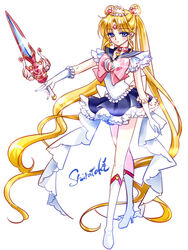  absurdly_long_hair bishoujo_senshi_sailor_moon blonde_hair blue_eyes blue_sailor_collar blue_skirt boots bow brooch choker closed_mouth commentary_request crown double_bun expressionless female frills full_body gloves hair_bun hair_ornament hairpin heart heart_brooch heart_crown holding holding_sword holding_weapon jewelry knee_boots long_hair magical_girl pink_bow princess_sailor_moon princess_sword red_choker sailor_collar sailor_moon sailor_senshi_uniform shirataki_kaiseki skirt solo standing sword tsukino_usagi twintails very_long_hair weapon white_background white_bow white_crown white_footwear white_gloves 