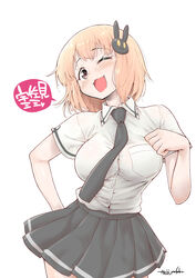  ;d absurdres artist_name black_necktie blonde_hair breasts commentary_request female grey_skirt hair_ornament highres large_breasts looking_at_viewer necktie one_eye_closed open_mouth pink_eyes rabbit_hair_ornament shirt short_hair simple_background skirt smile solo speech_bubble takuji_yuusaku translation_request usami_mimi_(uzanee!!) uzanee!! white_background 