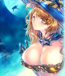  aircraft airship beatrix_(granblue_fantasy) breasts brown_eyes brown_hair cleavage commentary_request female frills gloves granblue_fantasy grancypher_(granblue_fantasy) hat large_breasts long_hair looking_at_viewer min-naraken moon night night_sky signature sky smile solo star_(symbol) witch_hat 