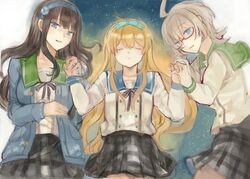  3girls amamiya_ruri black_hair blonde_hair blue_eyes blunt_bangs bow commentary_request ensemble_girls! girl_sandwich glasses grey_hair highres holding_hands hoshiumi_koyoi kannazuki_hotori kimisaki_school_uniform long_hair multiple_girls plaid plaid_skirt protected_link pyongtaro ribbon sandwiched school_uniform short_hair sidelocks skirt sweater 