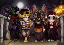  anthro candy_pail canid canine clothed clothing deer felid female group halloween holidays male mammal open_mouth public smile standing thescarletartist trick-or-treating young young_anthro 