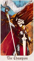  antelope anthro armor bovid bracers brown_hair card card_template cki_leru cloak clothed clothing energy_weapon female filigree fortune_telling fur gauntlets gloves gold_(metal) hair halo handwear hi_res horn looking_at_viewer mammal melee_weapon platemail scalemail scarlet_(thescarletartist) solo sword tarot tarot_card thescarletartist weapon white_body white_fur wind 