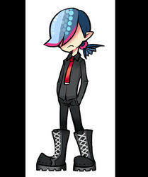  1boy bad_id bad_pixiv_id black_footwear black_pants black_shirt blue_hair boots cross-laced_footwear fish_tail hair_over_eyes iskandar_(fetishbambi) lace-up_boots male_focus necktie nishida_(splatoon) pants pillarboxed pointy_ears ponytail red_necktie scales shirt solo splatoon_(series) splatoon_1 tail 