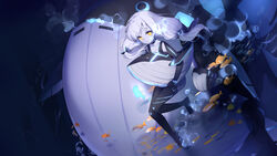  air_bubble animal belt black_footwear bodysuit boots breasts bubble carrying carrying_under_arm choker cleavage collarbone colored_skin commentary_request detached_sleeves diving diving_suit enemy_vessel_(warship_girls_r) female fish floating_hair glowing glowing_eyes grey_skin hair_ornament highres kyuri_tizu long_hair looking_at_viewer lost_abyssal_transport_ship_(warship_girls_r) low_twintails ocean small_breasts submerged thigh_boots thigh_strap thighhighs twintails underwater warship_girls_r wetsuit whale white_hair yellow_eyes 