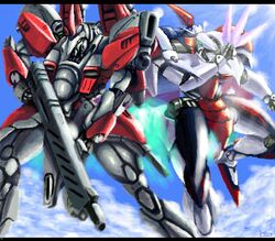  aleste blade cloud commentary_request donryuu_(d-dragon02) energy_gun flying gun lens_flare lowres mecha musha_aleste no_humans oekaki rifle robot science_fiction signature weapon 