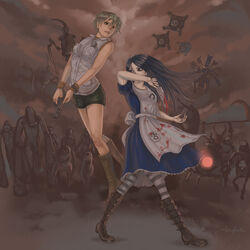  alice:_madness_returns alice_liddell_(american_mcgee&#039;s_alice) american_mcgee&#039;s_alice apron black_hair blonde_hair blood boots breasts card_knights closer closer_(silent_hill_3) commentary_request crossover dress graphite_(medium) heather_mason highres jewelry knife long_hair monster multiple_boys multiple_girls necklace numb_body nurse nurse_(silent_hill) pantyhose photoshop_(medium) short_hair silent_hill_(series) striped_clothes striped_pantyhose to_hsu traditional_media weapon 