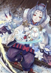  1boy androgynous black_legwear braid commentary_request eyebrows gamensiel grey_hair looking_at_viewer male_focus onmyoji parted_lips photoshop_(medium) red_eyes sitting snow snow_rabbit snowflakes snowman solo yuki_douji_(onmyoji) 