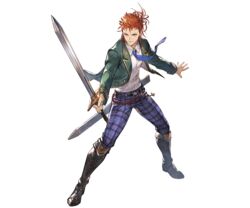  1boy belt boots full_body granblue_fantasy green_eyes male_focus minaba_hideo necktie official_art orange_hair owen_(granblue_fantasy) solo standing sword transparent_background weapon 